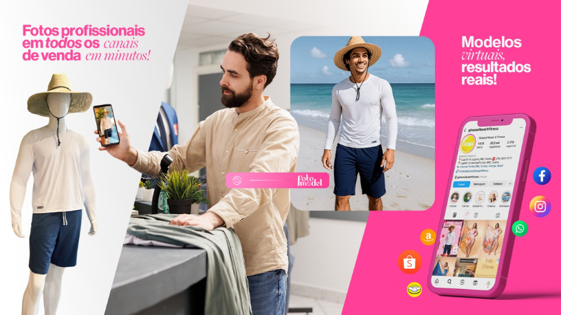 O FotoModel permite testar visuais e montar catálogos completos sem produzir fisicamente cada peça.