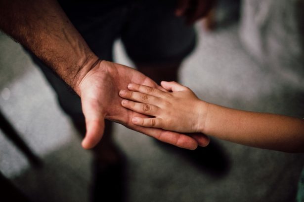 Mão de uma criança repousa sobre a mão de um adulto, simbolizando cuidado, apoio e proteção.