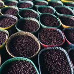 Cestos coloridos cheios de açaí em um mercado de Belém, no Pará.